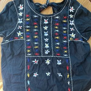Madewell black cotton peasant blouse top embroidery floral colorful Small